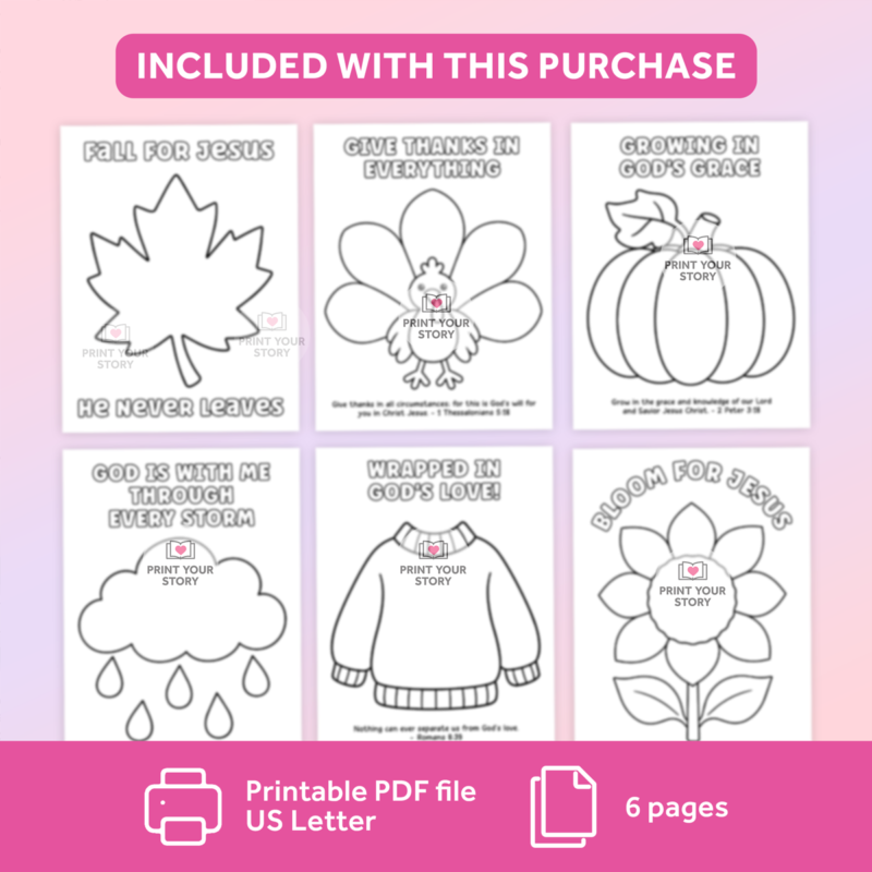 Preview of six Christian fall craft printable coloring pages with leaf, flower, pumpkin, cloud, sweater, and sunflower outlines