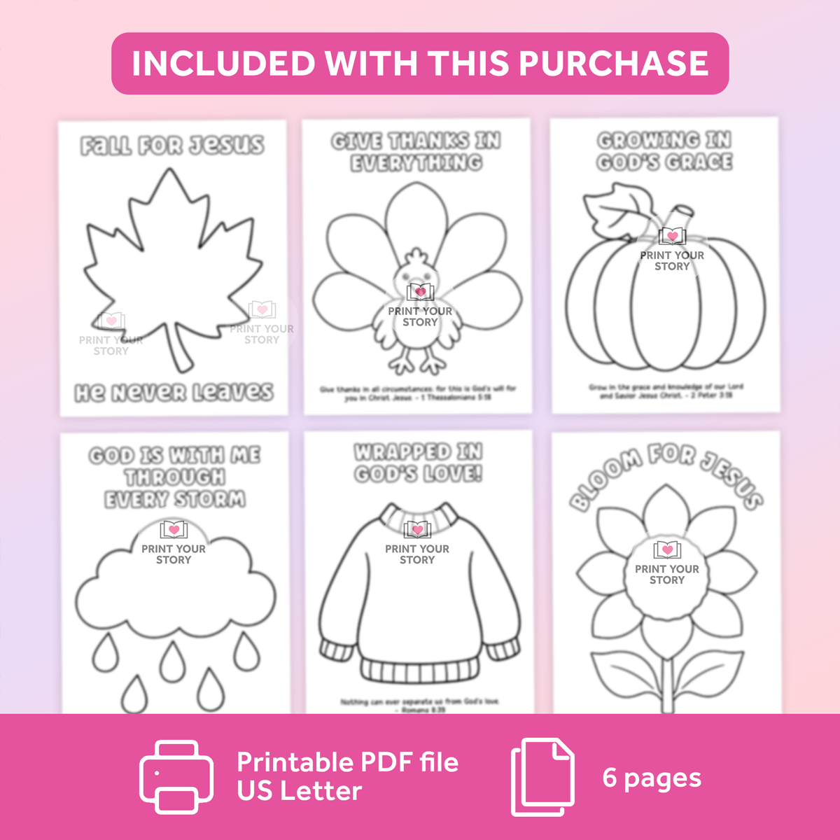 Preview of six Christian fall craft printable coloring pages with leaf, flower, pumpkin, cloud, sweater, and sunflower outlines