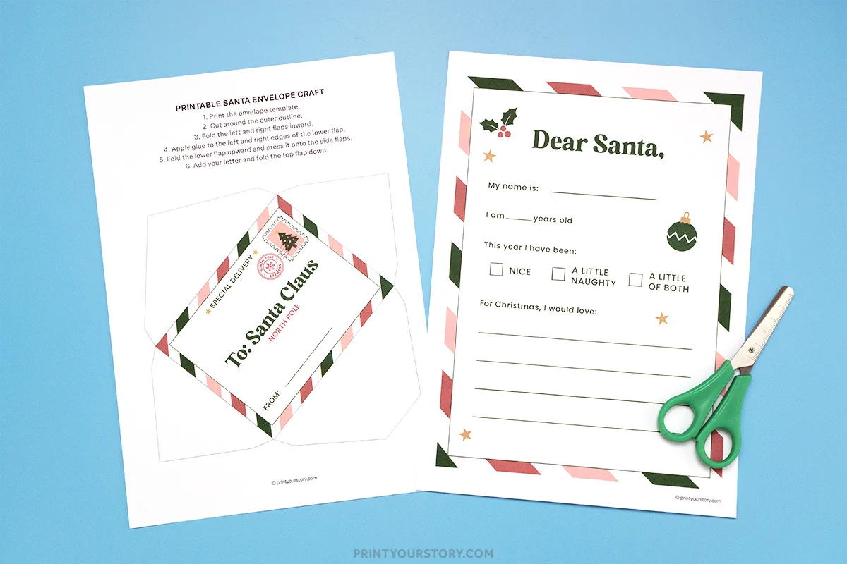 Printable letter to Santa and matching envelope template pages with green scissors on a blue background