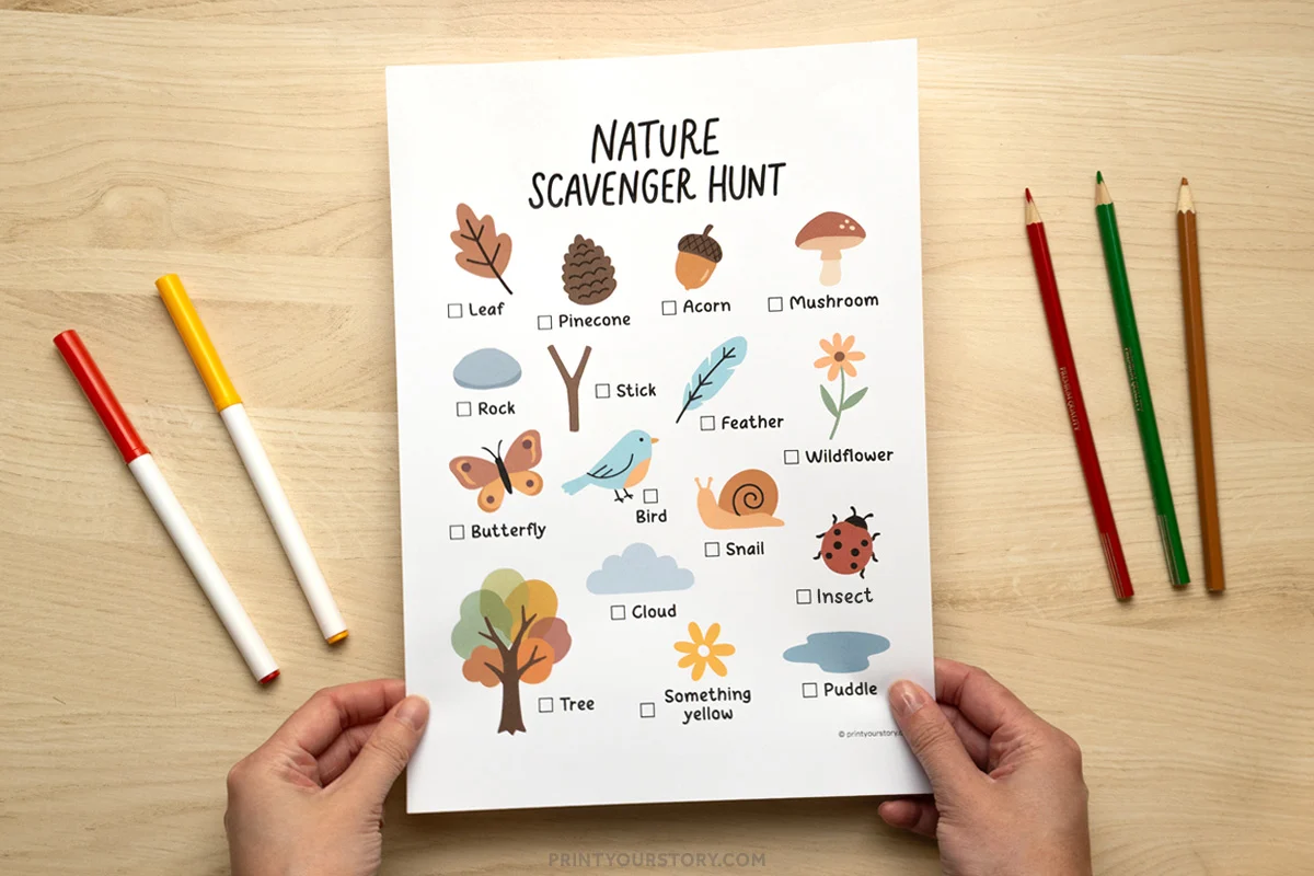 Nature scavenger hunt printable worksheet for kids with illustrated fall items on a wooden table