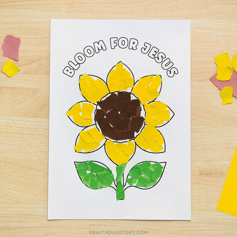 Sunflower torn paper craft printable with “Bloom for Jesus” text, yellow petals, brown center, and green leaves