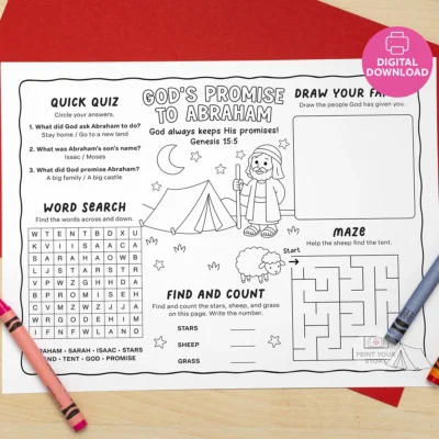 Children’s “God’s Promise to Abraham” activity sheet with a Bible quiz, word search, drawing box, counting activity, and maze.