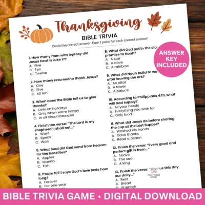 Thanksgiving Bible Trivia printable with multiple-choice questions and an “Answer Key Included” badge; digital download.