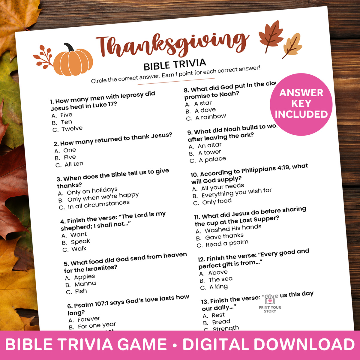 Thanksgiving Bible Trivia Game Printable
